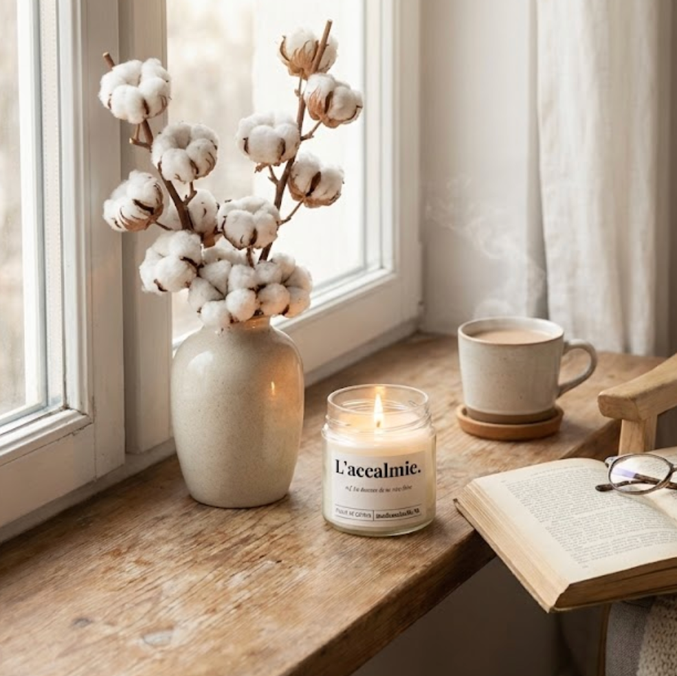 Bougie L'accalmie allumée — ambiance cosy fleur de coton, bougie artisanale faite main