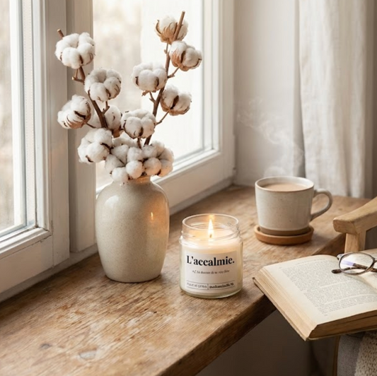 Bougie L'accalmie allumée — ambiance cosy fleur de coton, bougie artisanale faite main