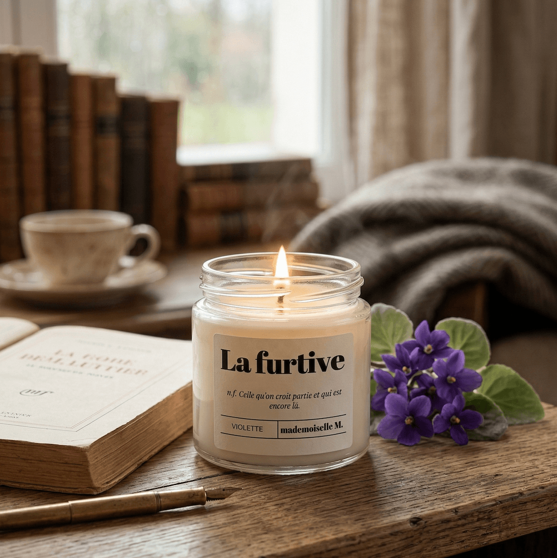 Bougie La furtive allumée — ambiance douce et poudrée violette, bougie artisanale faite main
