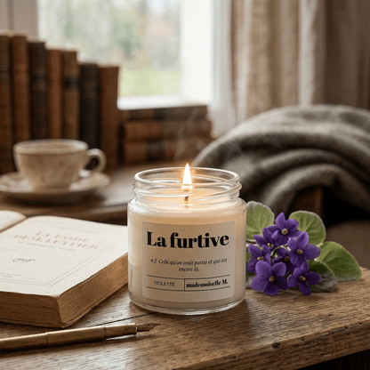 Bougie La furtive allumée — ambiance douce et poudrée violette, bougie artisanale faite main