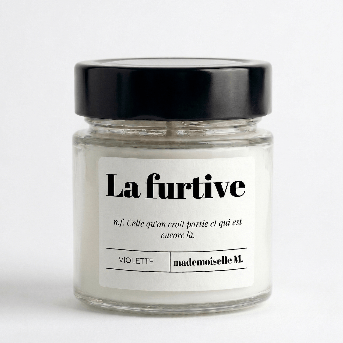 Bougie parfumée artisanale violette — La furtive, cire végétale faite main en France