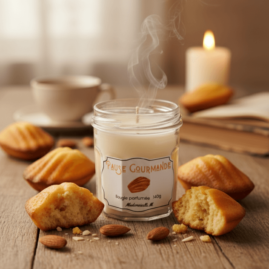Bougie artisanale parfumée madeleine gourmande, faite main en France